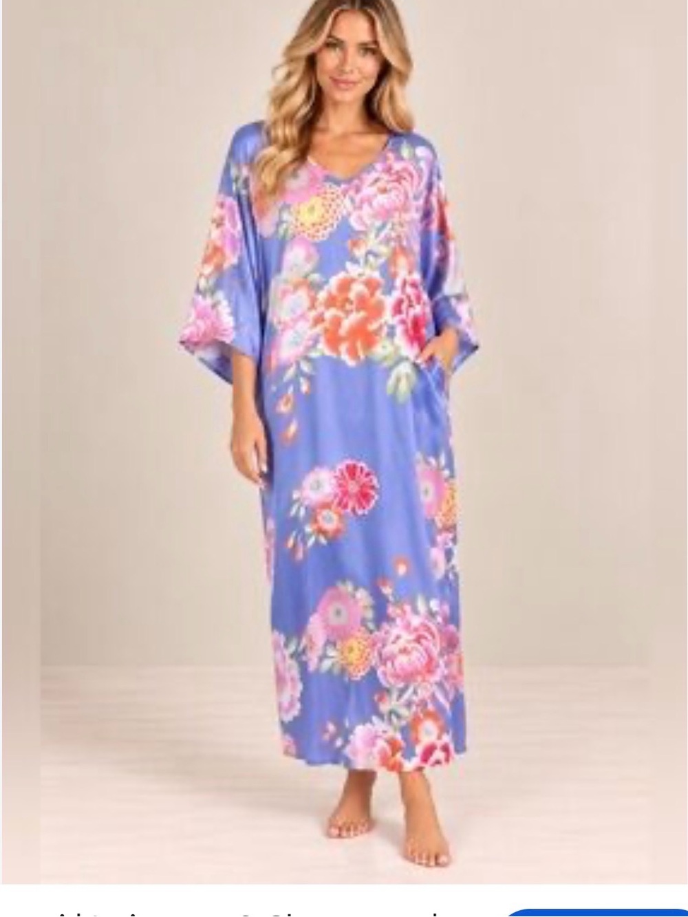 Natori Purple Floral Print Satin Essentials Caftan sz M